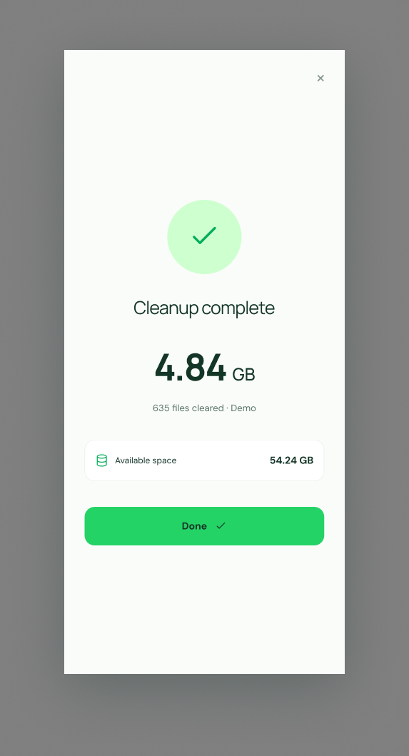 Cleanup complete screen with a storage summary