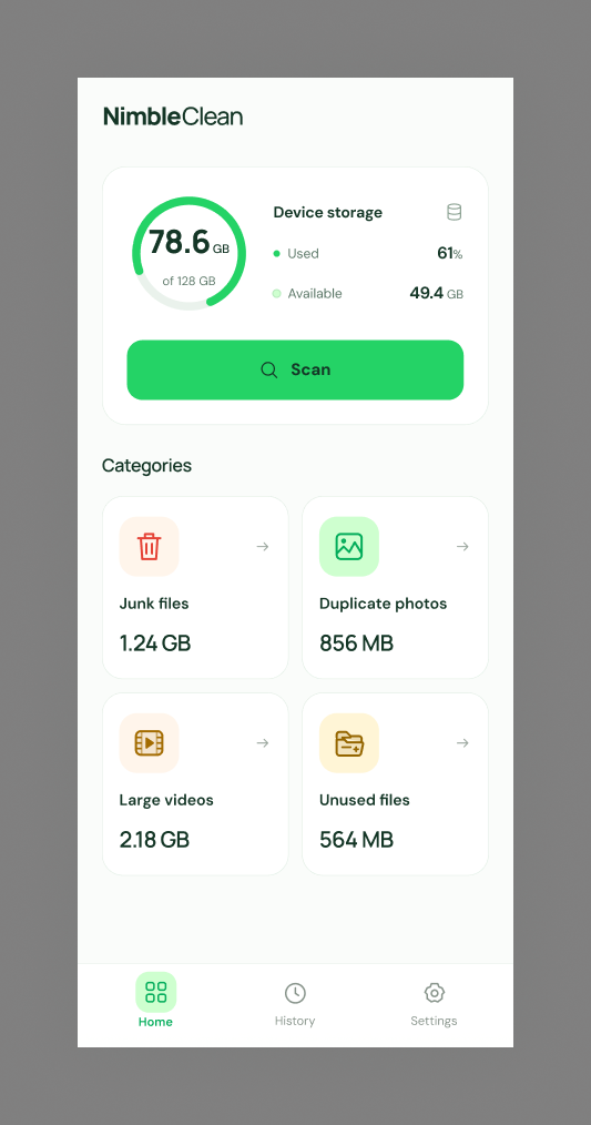 NimbleClean Figma home screen showing device storage, a Scan button and cleanup categories