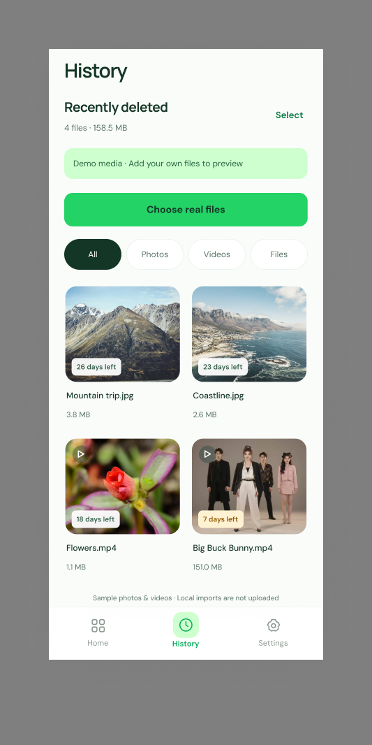History screen showing recently deleted photos and videos