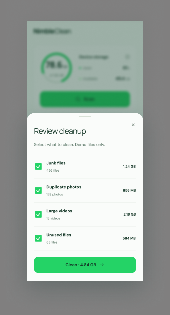 Review cleanup screen showing categories and a Clean button