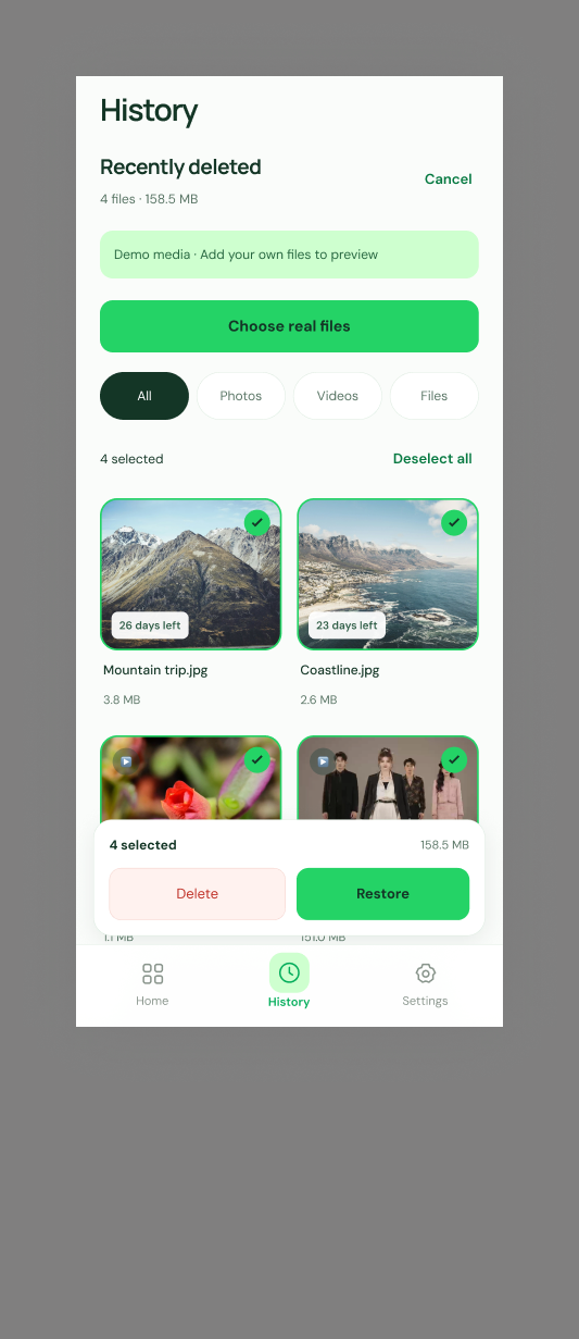 History screen with selected items and Delete and Restore actions