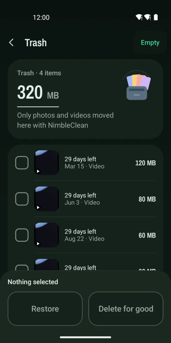 Trash screen in dark mode