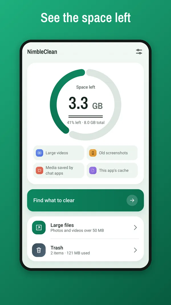 The NimbleClean home screen showing the space left, the percentage left and the total, with a Find what to clear button