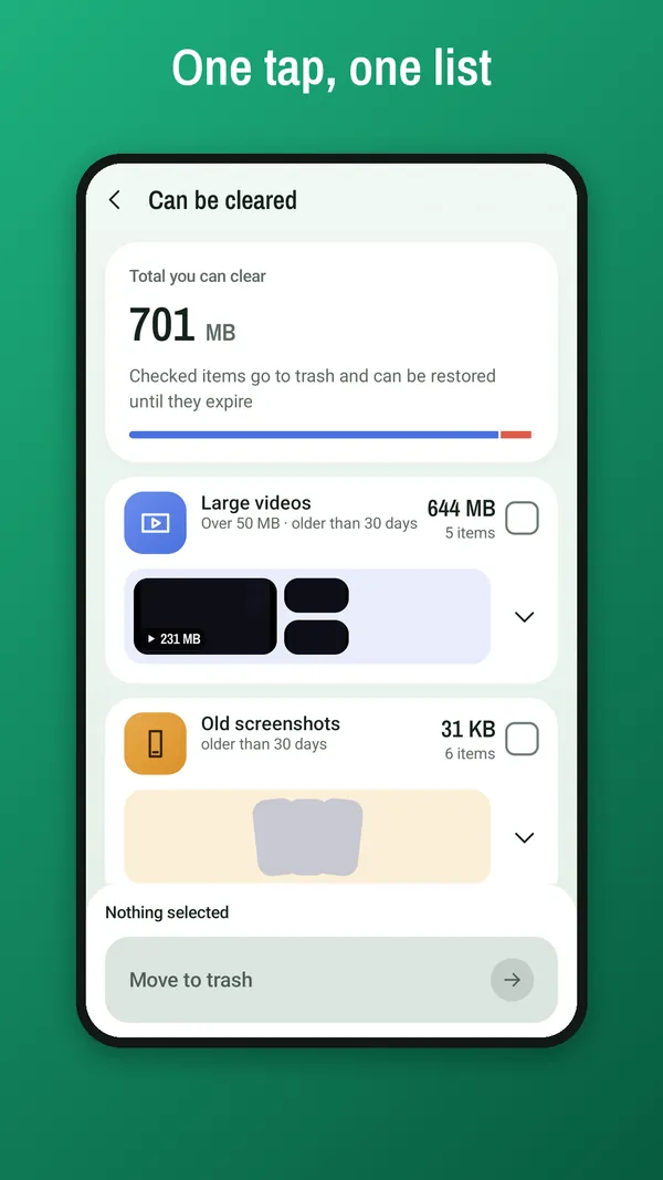 The Can be cleared screen showing a total and four groups, nothing selected