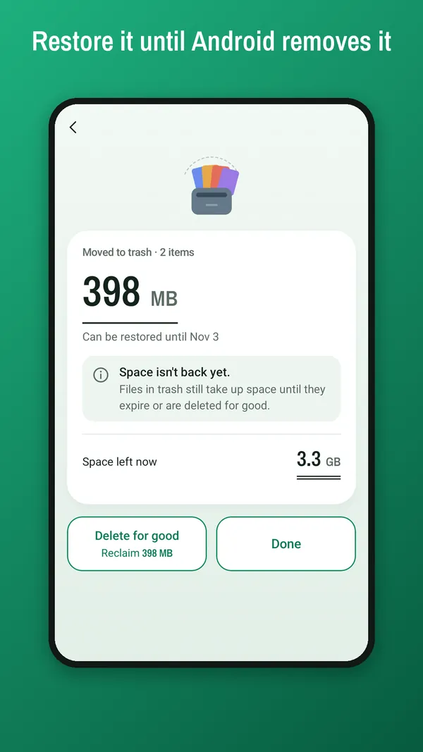 Result screen: items moved to trash, with Delete for good and Done buttons