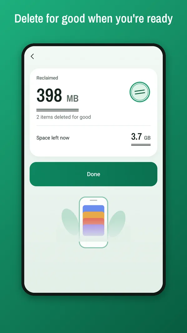 Result screen after deleting for good, showing the space reclaimed