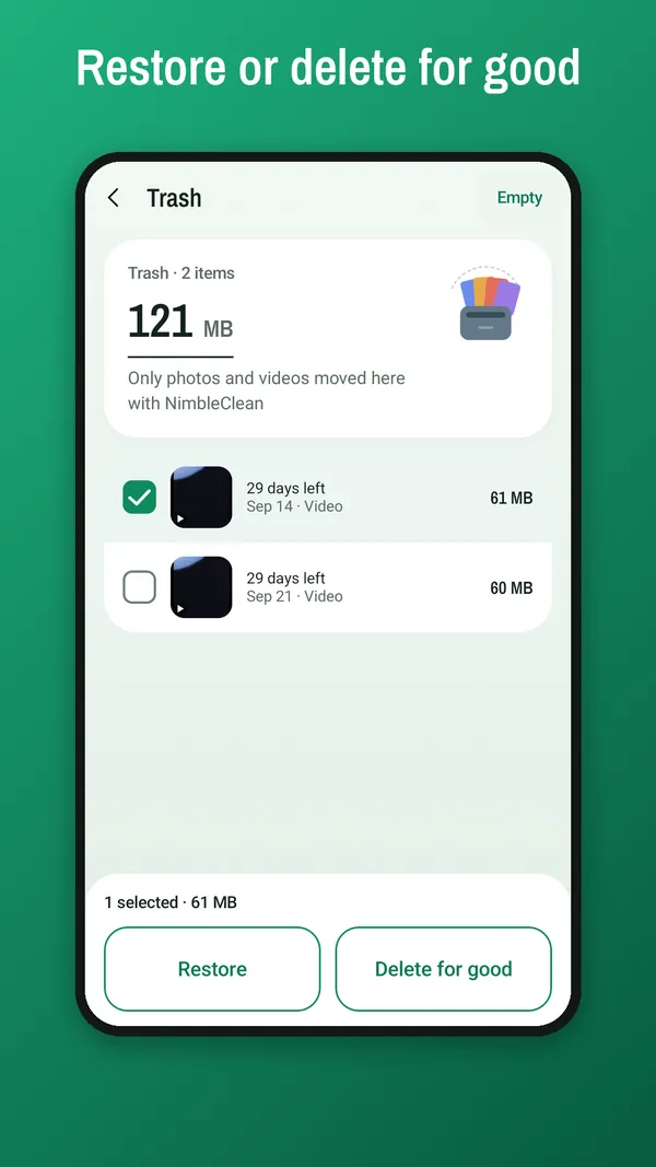 Trash screen with items that can be restored or deleted for good
