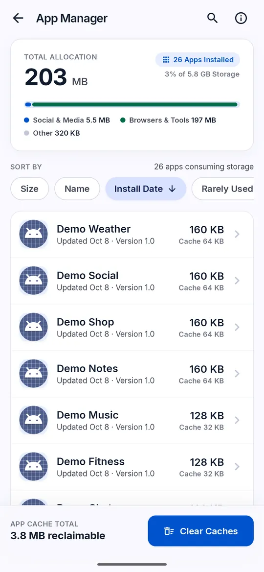 App Manager list of demo apps with each app's size and cache, the total app storage at the top and the app cache total at the bottom