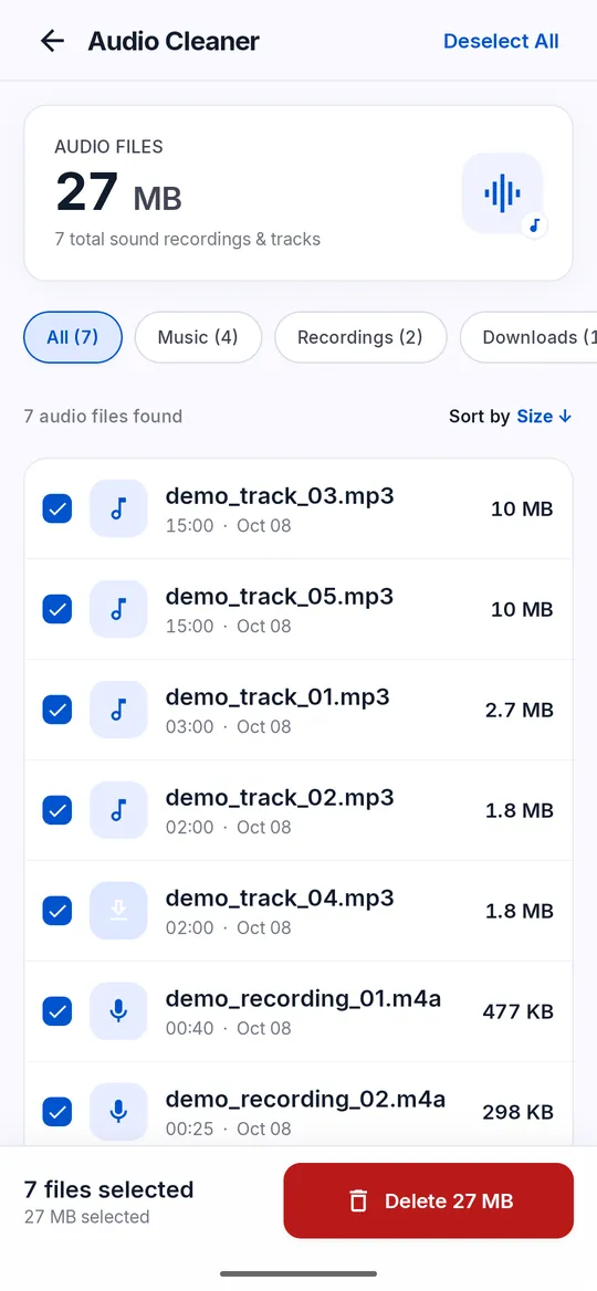 Audio Cleaner list of seven demo audio files sorted by size, with folder chips for Music, Recordings and Downloads