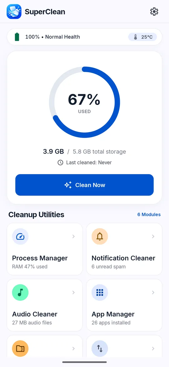 SuperClean home screen with a storage ring at 67% used, a Clean Now button and cards for the cleanup tools