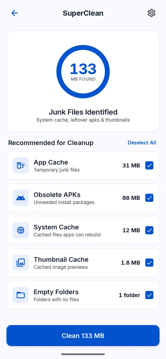 Junk Cleaner results showing 133 MB found, with App Cache, Obsolete APKs, System Cache, Thumbnail Cache and Empty Folders checked, and a Clean 133 MB button