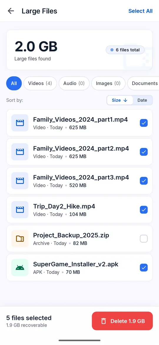 Large Files list sorted by size, with filter chips by file type and six files including videos, a ZIP archive and an APK