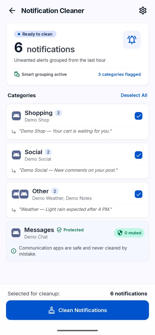 Notification Cleaner with six notifications grouped into Shopping, Social and Other, and a protected Messages group