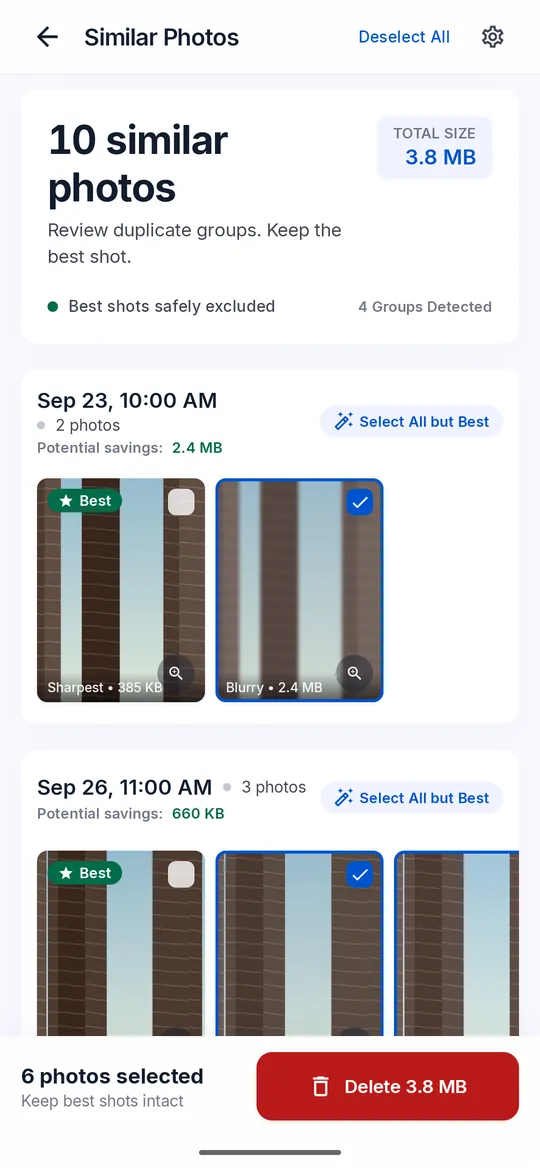 Similar Photos results with 10 similar photos in 4 groups. In the first group the sharpest shot is marked Best and left unselected, a blurry shot is selected, and each group has a Select All but Best button